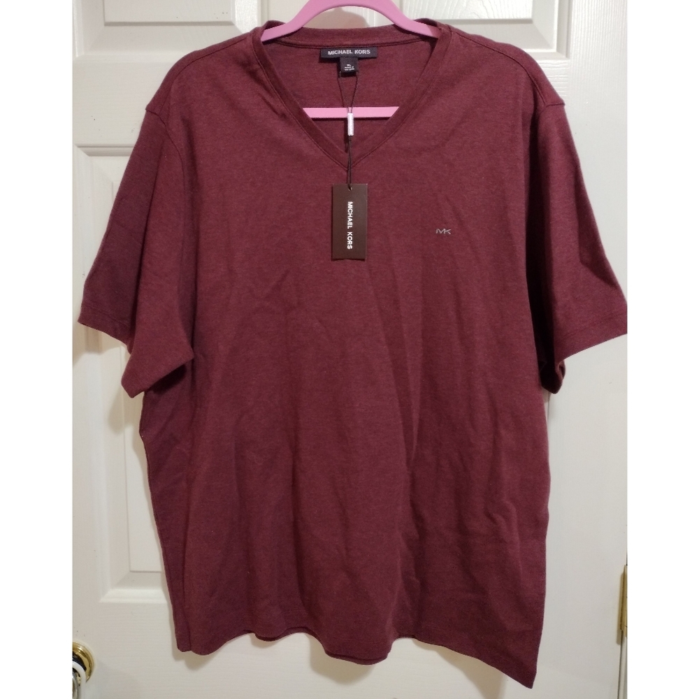 Michael Kors Burgundy V-neck Men's Solid Tee XL 🆕